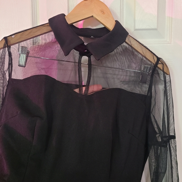 CHARMMA Women's Gothic Peter Pan Collar Keyhole Bell Sleeve Mesh Panel Dress - Picture 5 of 6